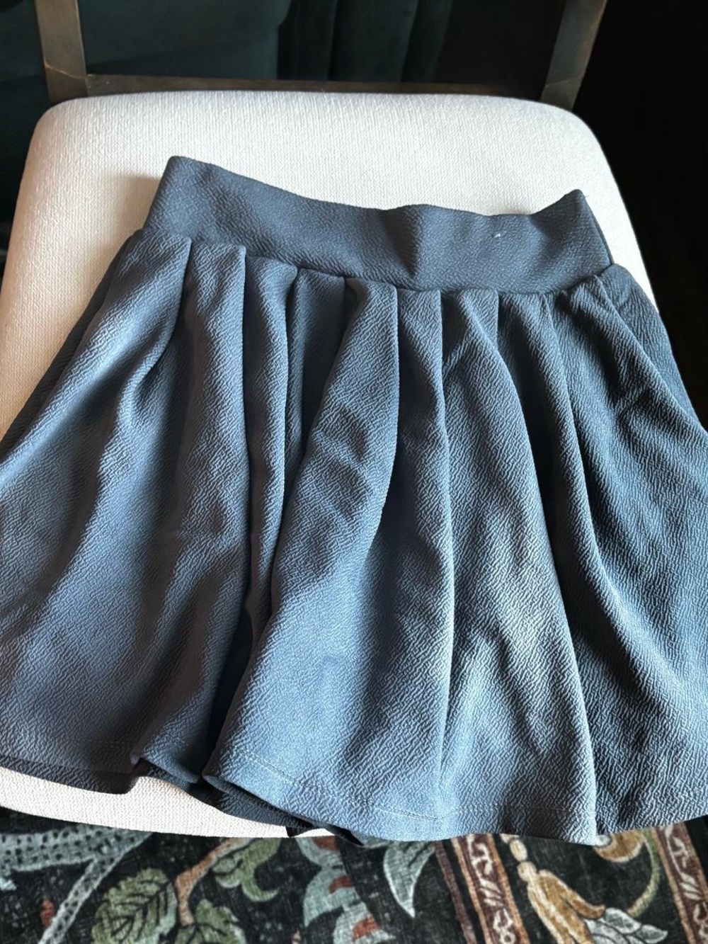 Textured Slate Gray Circle Skirt with Pleated Waistband
